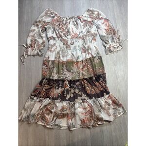 Fig & Flower Large Tiered Boho Peasant Dress Off Shoulder‎ Puff Sleeve Paisley